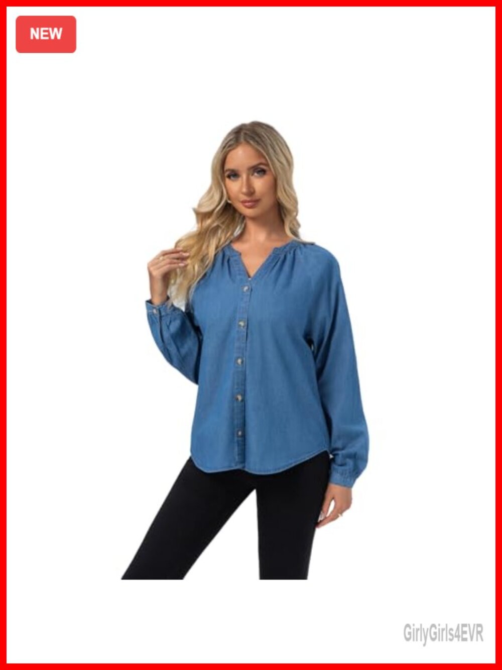 Women's V-Neck Denim Shirt Long Puff Sleeve Casual Work Blouse